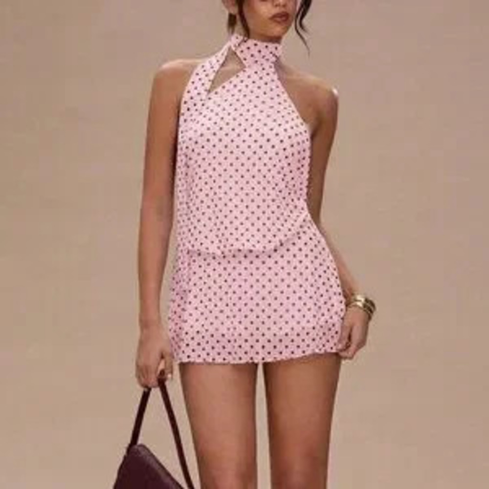 ZARA Coral Pink Casual Women's Polka Dot Print Halter Backless Sleeveless Dress
